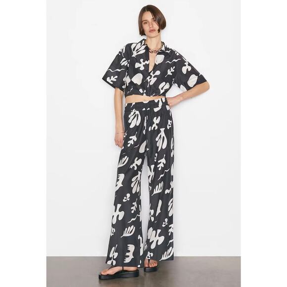 FRAME Drawstring Lounge Pants Womens Small Black White Abstract Print High Rise - Picture 1 of 16